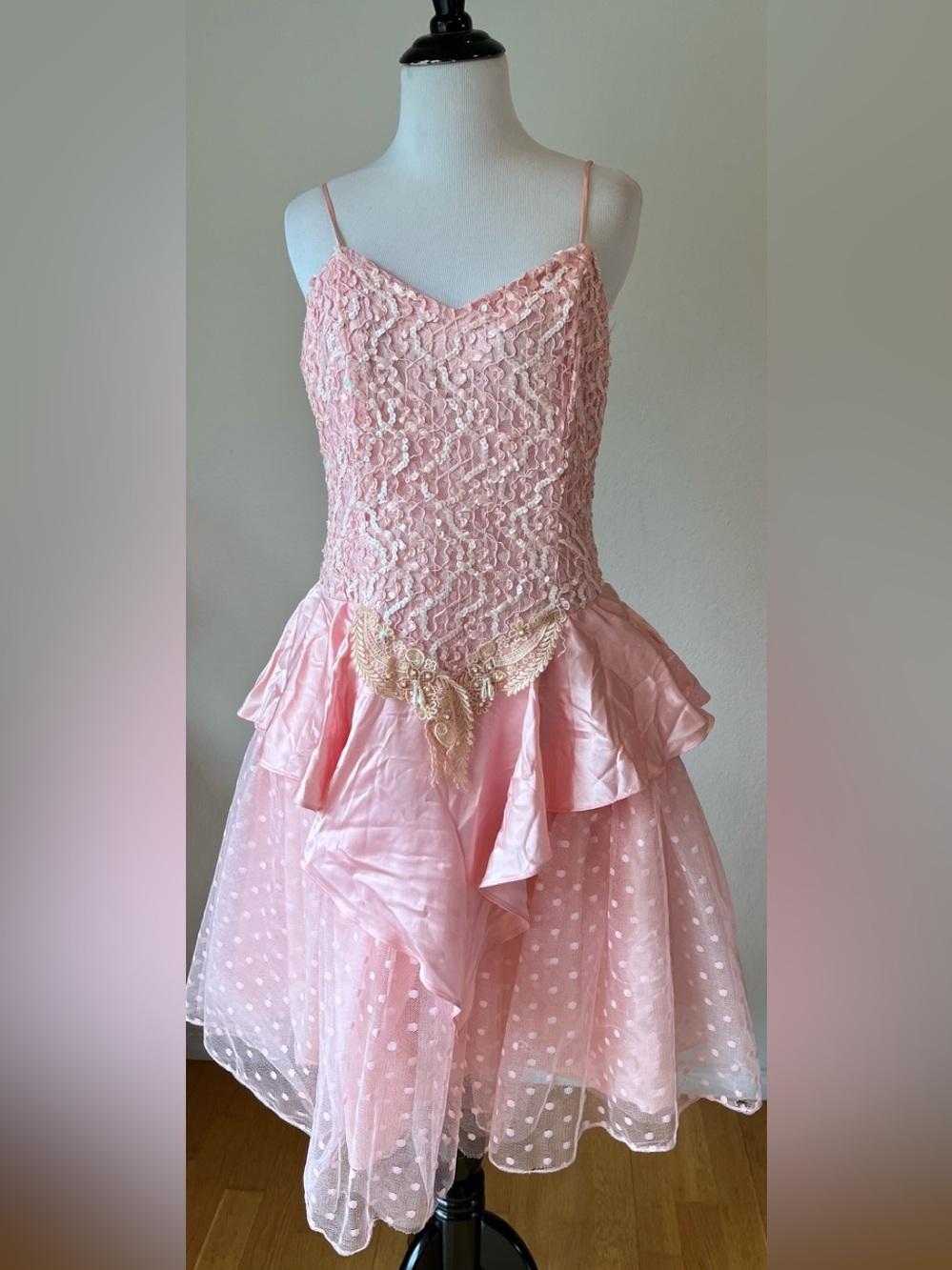 VTg 80s Dress Tulle Polka Dot Pink Sequin Party Size Large